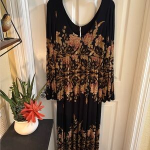 Free People Black and Gold Floral Long Sleeve Boho Dress, Size M